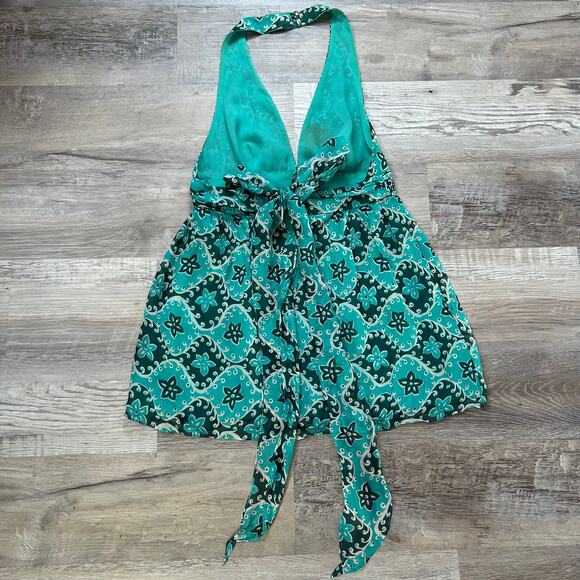 Vintage Milly NY Silk Halter Mini Dress Teal Floral Y2K Party Backless Size 2 - Picture 7 of 12